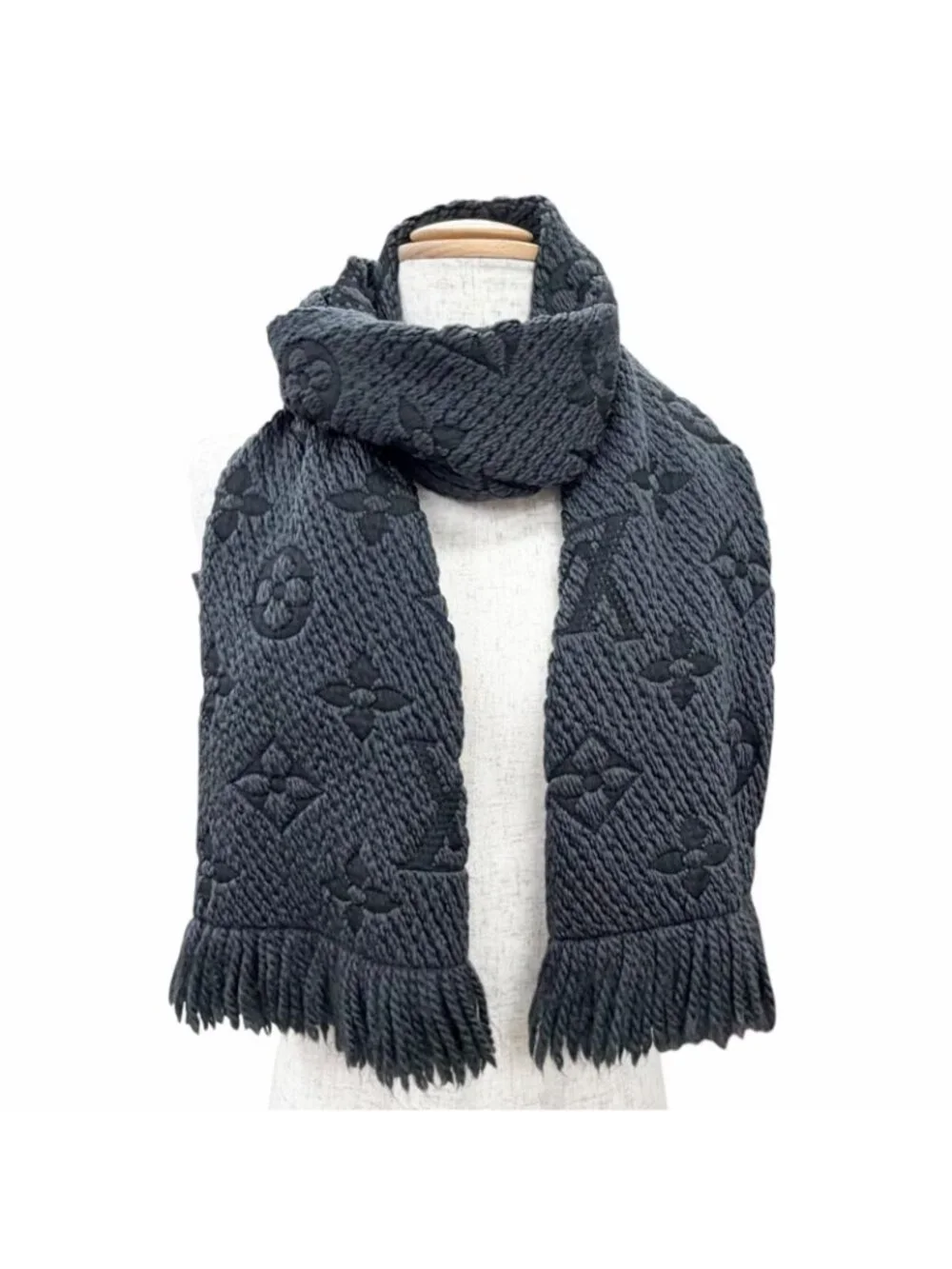 Louis Vuitton Logomania Scarf Wool Silk Monogram Dark Gray